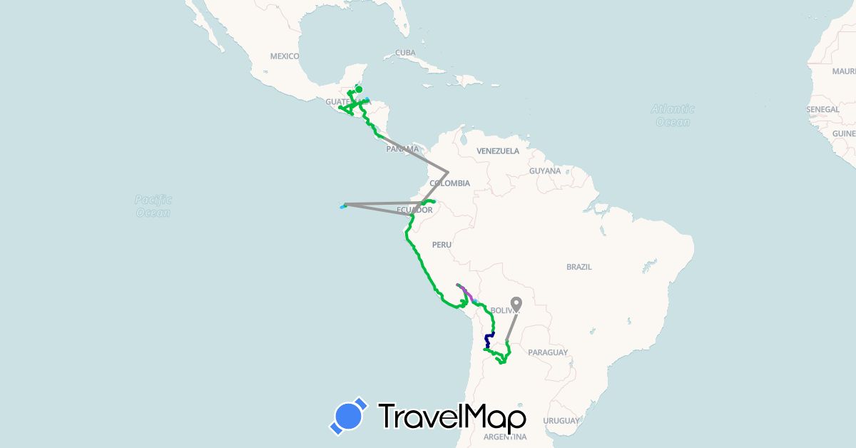 TravelMap itinerary: driving, bus, plane, train, hiking, boat in Argentina, Bolivia, Belize, Chile, Colombia, Costa Rica, Ecuador, Guatemala, Honduras, Nicaragua, Peru, El Salvador (North America, South America)